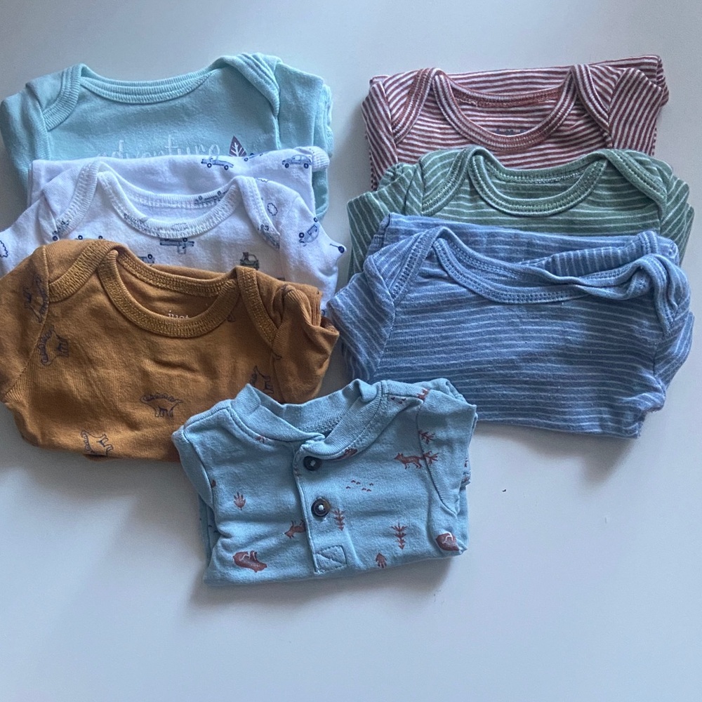 Assorted Baby Onesies in Blue, Green, and Brown